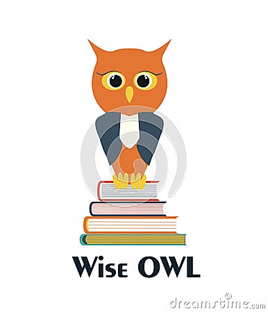 Wise owl on a stack of books. Vector owl characters, learning concept. Back to school flat illustration Vector Illustration