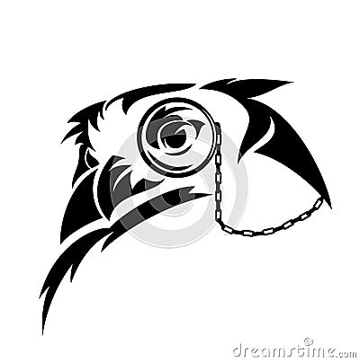 Wise owl wearing monocle glass black and white vector portrait Vector Illustration