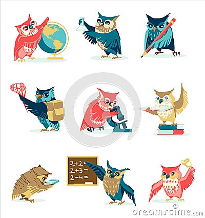 Wise owls studying school subjects set Vector Illustration