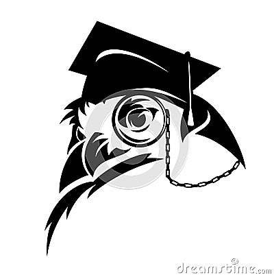 Wise professor owl with mortarboard cap and monocle black vector portrait Vector Illustration