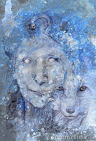 Wise shamanic woman forest goddess, blue winter version Stock Photo