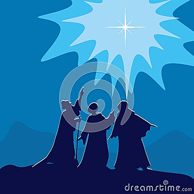 Wisemen pointing to the star of Bethlehem. Vector Illustration