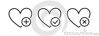 Wish list icon set. Hearts with plus, mark and cross. Wishlist icons set. Vector illustration isolated on white Vector Illustration