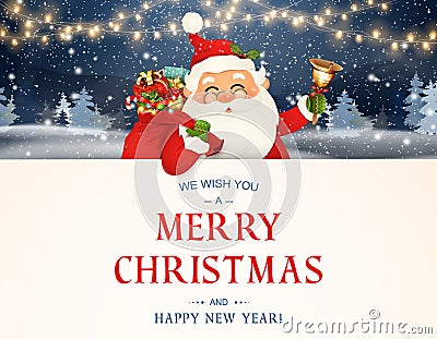 We Wish you a Merry Christmas. Happy new year. Santa Claus character with big signboard. Merry Santa Clause with jingle Vector Illustration