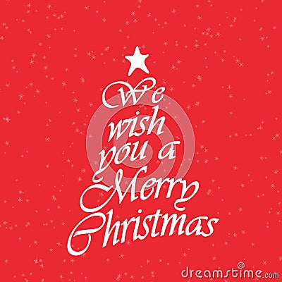 We wish you a Merry Christmas text. Calligraphy text for greeting cards on red background with snow. Stock Photo