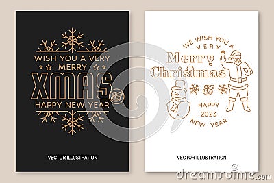 We wish you a very Merry Christmas and Happy New Year flyer, brochure, banner, poster with snowman and Santa Claus Vector Illustration