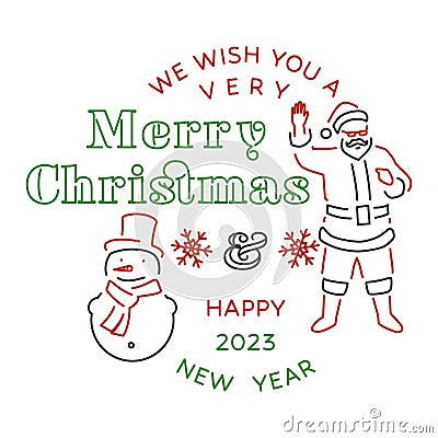 We wish you a very Merry Christmas and Happy New Year stamp, sticker set with snowman and Santa Claus. Vector Cartoon Illustration