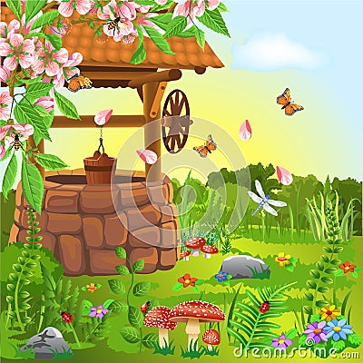 Wishing well in the spring Vector Illustration