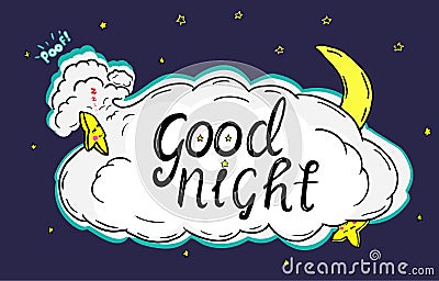 Wishing you a good night. Illustration of night sky with clouds and stars sleeping. Stock Photo