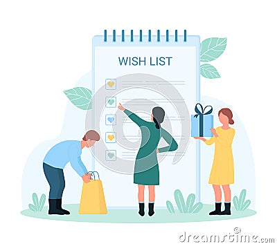 Wishlist for shopping, tiny people check summary list of gifts on paper notepad sheet Cartoon Illustration