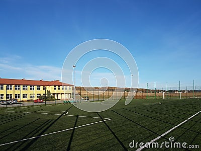 Wisniowa, Poland - 9 9 2018:An open stadium in the courtyard of a village school. Eduction of the younger generation. Sports groun Stock Photo