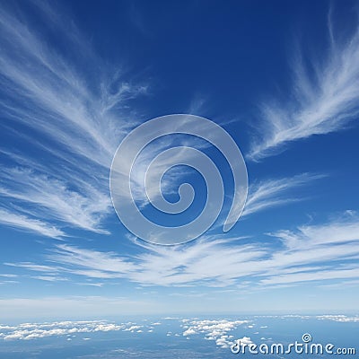 Wispy cirrus clouds stretch across a deep blue sky, creating feather-like patterns. Stock Photo