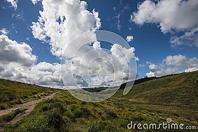 Trail from Wistman`s Wood - an ancient landscape on Dartmoor, Devon, England Stock Photo