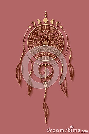 Detailed dreamcatcher with mandala ornament and Moon Phases. Gold Mystic symbol, Ethnic art with native American Indian boho style Vector Illustration