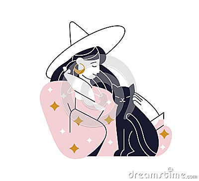 Witch and black cat. Woman wizard in Halloween pointed hat with cute kitty. Sorcerer lady and magic feline animal Vector Illustration