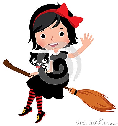 Witch in black dress flying on a broom Vector Illustration