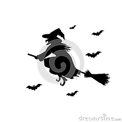 Witch black silhouette on broomstick. Vector Illustration