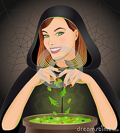 Witch brewing magic potion in cauldron Cartoon Illustration