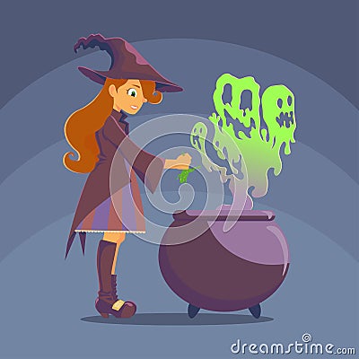 Witch brews a potion Vector Illustration