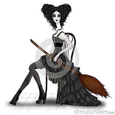 Witch with Broom Stock Photo