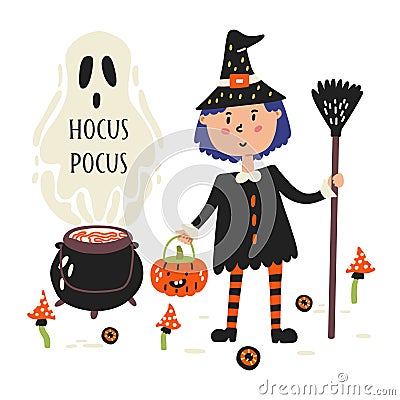 Witch with broom brews poison Vector Illustration