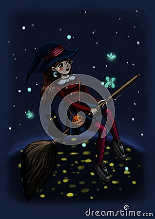 Witch on a broom in flight Cartoon Illustration