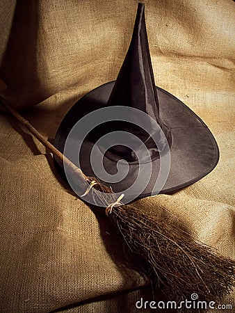 Witch Broom and Hat Stock Photo