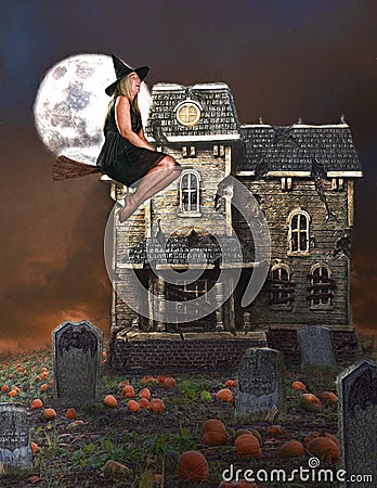 Witch on broom and haunted house Stock Photo