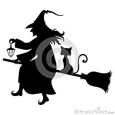 Witch with broom and kitty fly on broom Vector Illustration