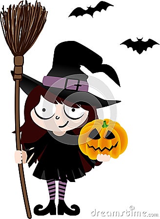 Witch with Broom and Pumpkin Stock Photo