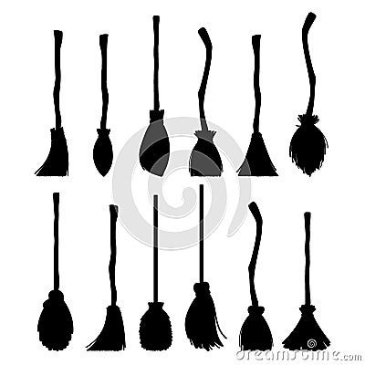 Witch brooms silhouettes collection isolated on white background. A set of items for Halloween. Vector illustration in Vector Illustration