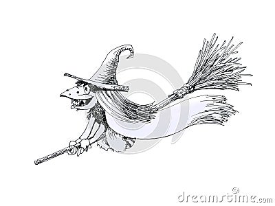 Witch on a broomstick, drawing pen. Cartoon Illustration