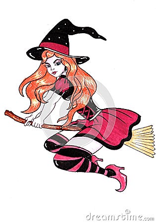 Witch on broomstick halloween watercolor painting Stock Photo