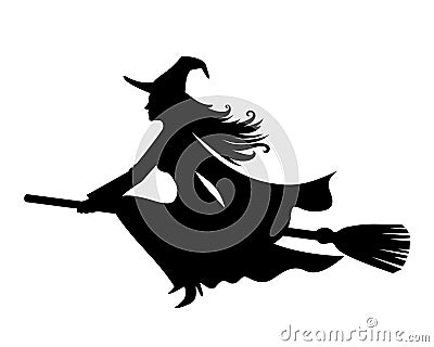 Witch on a broomstick. Vector black silhouette. Vector Illustration