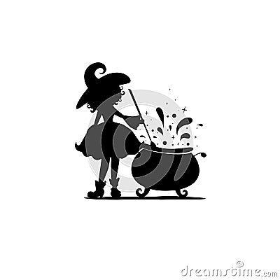 Witch with caldron. Funny Hag makes potion silhouette. Magic, fantasy. Flat design Vector Illustration