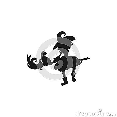 Witch with cat flies on the broom. Funny Hag in hat silhouette. Magic, fantasy Vector Illustration