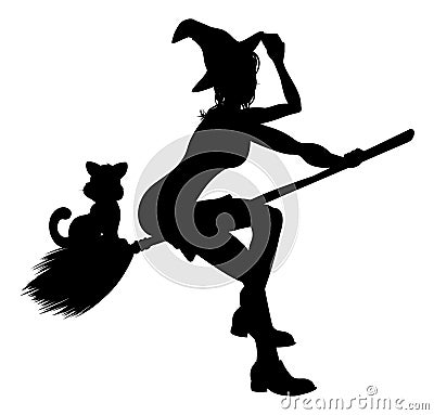 Silhouette Witch and Cat Flying On Broomstick Vector Illustration