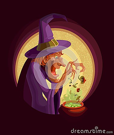 A witch with a cauldron. Cooking witch poison or potion in a cauldron. Ingredients rash. Vector Illustration
