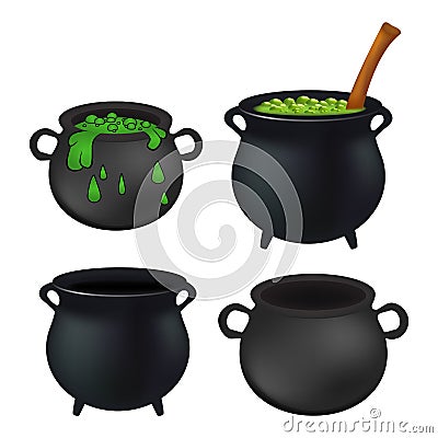 Witch cauldron empty and with green potion, bubbling witches brew set. Realistic Vector illustration isolated on white background. Vector Illustration