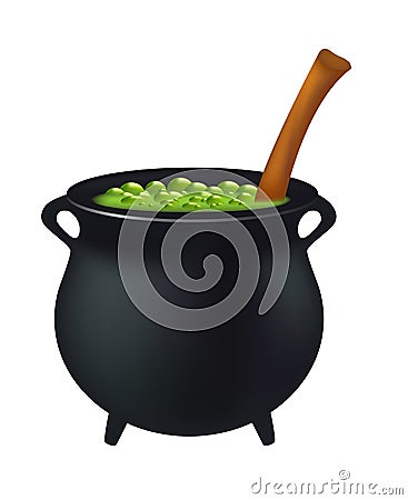 Witch cauldron with green potion, bubbling witches brew. Realistic Vector illustration isolated on white background. Vector Illustration