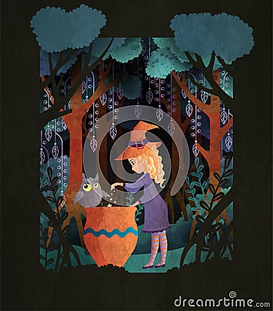 Witch with a cauldron in scary night forest. Fairy tale book cover or Halloween poster template Vector Illustration