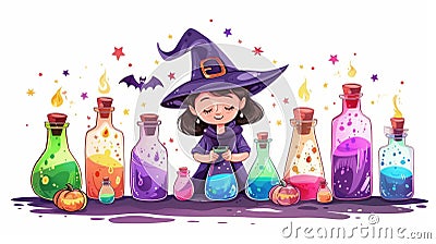 Witch Child with Magical Potions Cartoon Illustration