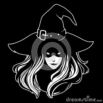 Witch in a classic hat, with flowing hair and a vicious grin Vector Illustration