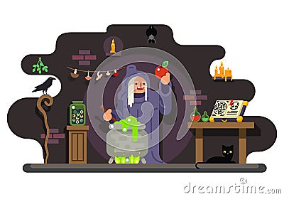 Witch cook magical sweet apple laboratory icons set background flat design vector illustration Vector Illustration