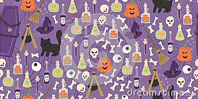 Witch craft Halloween seamless pattern. Skull, bones, poison, black cat, coffin holiday hand drawn cartoon style background for Stock Photo