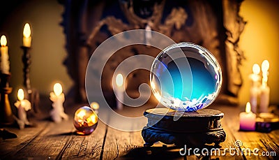 A witch crystal ball sitting on top of an old wooden table. Stock Photo