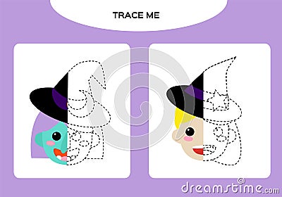 Witch and Cute Little Witch worksheet. Education Game for Children. Happy Halloween game. Super motor skills. Tracing Vector Illustration