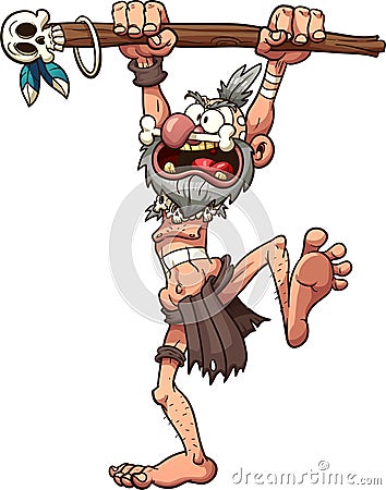 Witch doctor dancing and yelling, prehistoric elder Vector Illustration