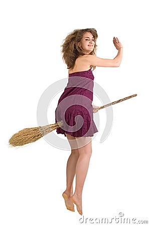 Witch fly with broom Stock Photo