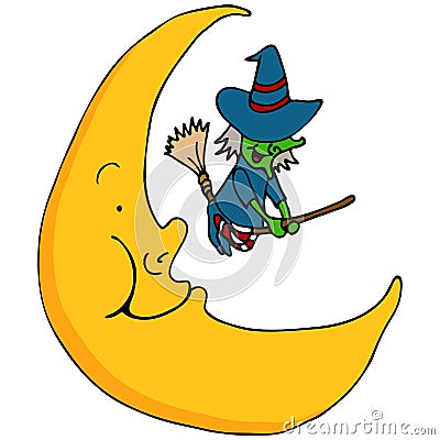 Witch Flying Across The Moon Vector Illustration